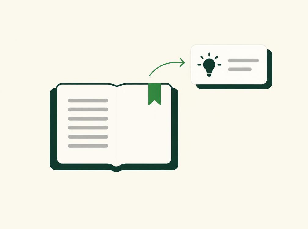 An open playbook with a bookmark, feeding into a small coaching card.