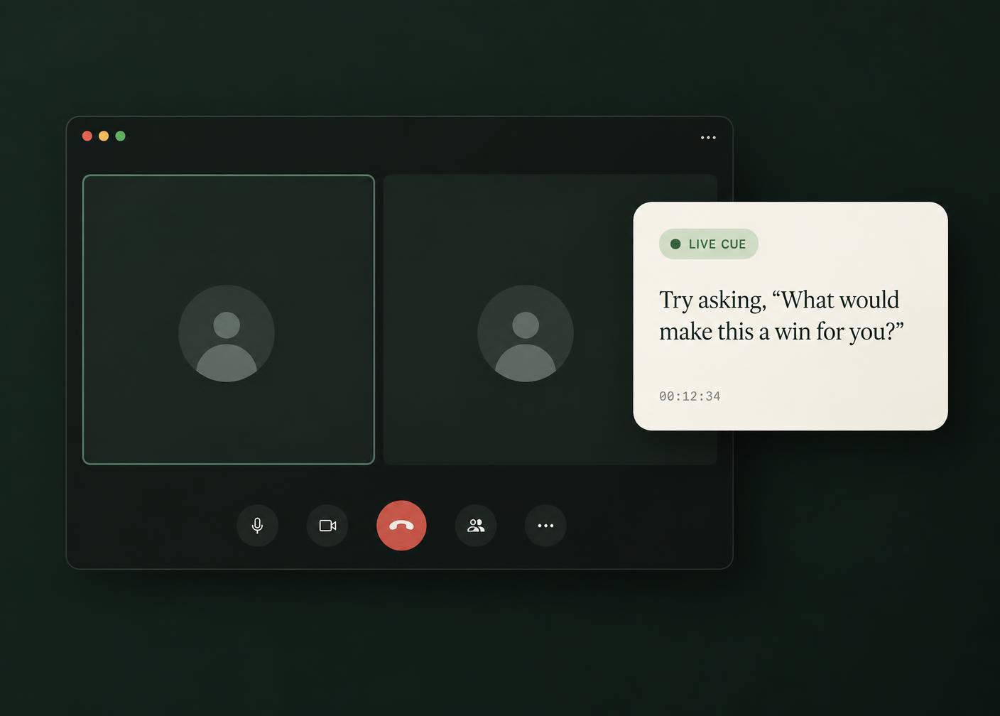 A video call window with a floating Levi coaching card on its edge, showing a live cue and a suggested question.