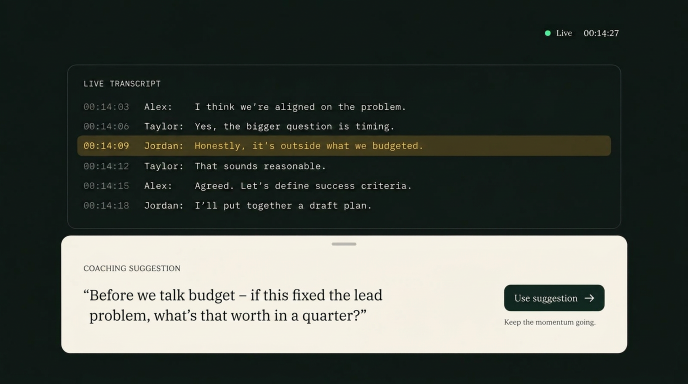 Live transcript with a budget objection highlighted, and a coaching card below suggesting how to reframe it.