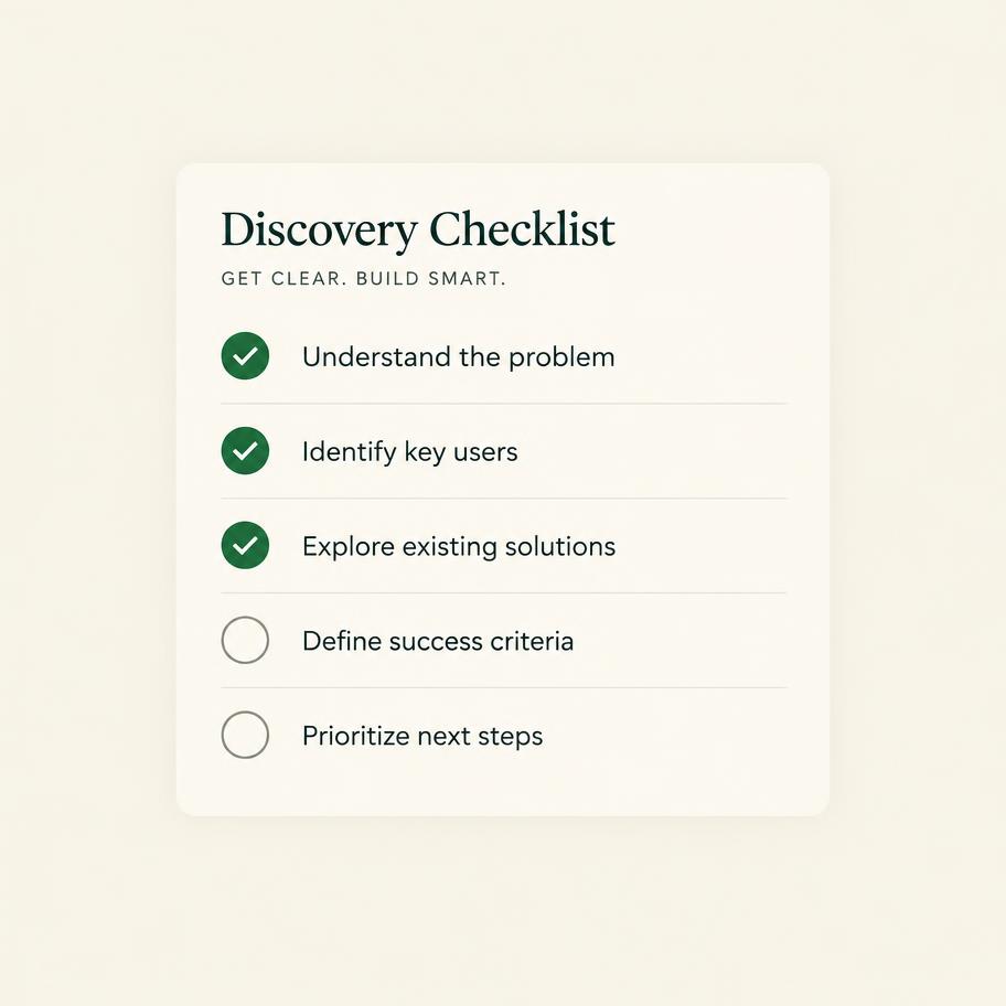 Discovery checklist card with three items ticked in green and two still open.